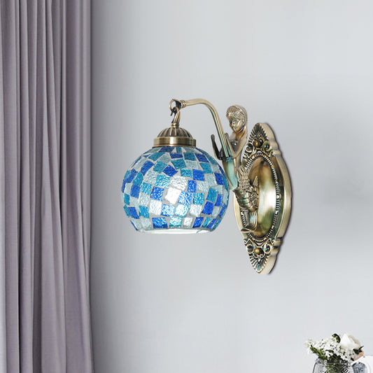 Cut Glass Global Wall Light Fixture Tiffany 1/2-Bulb Blue Wall Mount Lamp with Mermaid Design 1.0 Blue Clearhalo 'Art deco wall lights' 'Cast Iron' 'Glass' 'Industrial' 'Middle century wall lights' 'Modern' 'Tiffany wall lights' 'Tiffany' 'Traditional wall lights' 'Wall Lamps & Sconces' 'Wall Lights' Lighting' 1694900