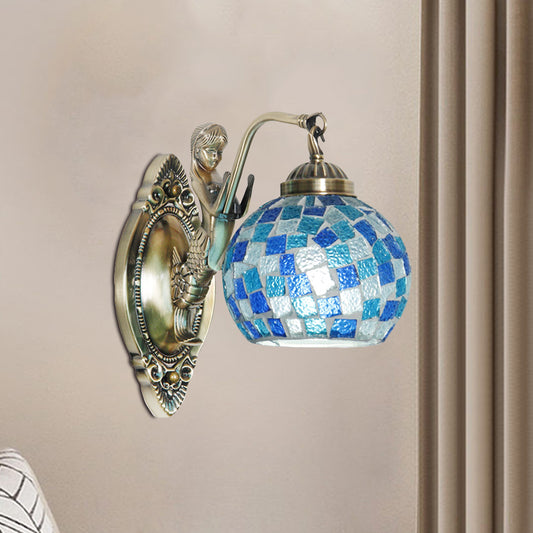 Cut Glass Global Wall Light Fixture Tiffany 1/2-Bulb Blue Wall Mount Lamp with Mermaid Design Clearhalo 'Art deco wall lights' 'Cast Iron' 'Glass' 'Industrial' 'Middle century wall lights' 'Modern' 'Tiffany wall lights' 'Tiffany' 'Traditional wall lights' 'Wall Lamps & Sconces' 'Wall Lights' Lighting' 1694901