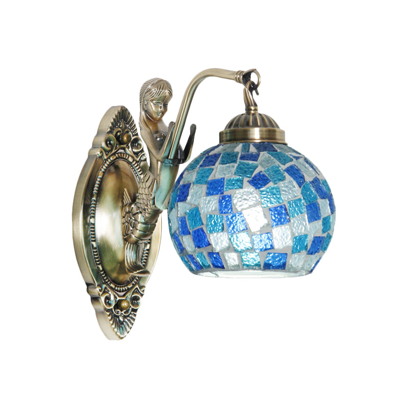 Cut Glass Global Wall Light Fixture Tiffany 1/2-Bulb Blue Wall Mount Lamp with Mermaid Design Clearhalo 'Art deco wall lights' 'Cast Iron' 'Glass' 'Industrial' 'Middle century wall lights' 'Modern' 'Tiffany wall lights' 'Tiffany' 'Traditional wall lights' 'Wall Lamps & Sconces' 'Wall Lights' Lighting' 1694902