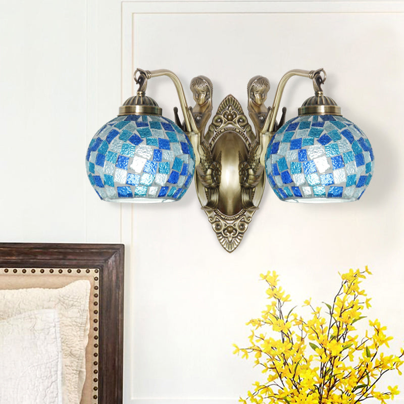 Cut Glass Global Wall Light Fixture Tiffany 1/2-Bulb Blue Wall Mount Lamp with Mermaid Design 2.0 Blue Clearhalo 'Art deco wall lights' 'Cast Iron' 'Glass' 'Industrial' 'Middle century wall lights' 'Modern' 'Tiffany wall lights' 'Tiffany' 'Traditional wall lights' 'Wall Lamps & Sconces' 'Wall Lights' Lighting' 1694904