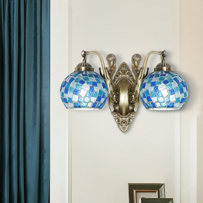 Cut Glass Global Wall Light Fixture Tiffany 1/2-Bulb Blue Wall Mount Lamp with Mermaid Design Clearhalo 'Art deco wall lights' 'Cast Iron' 'Glass' 'Industrial' 'Middle century wall lights' 'Modern' 'Tiffany wall lights' 'Tiffany' 'Traditional wall lights' 'Wall Lamps & Sconces' 'Wall Lights' Lighting' 1694905
