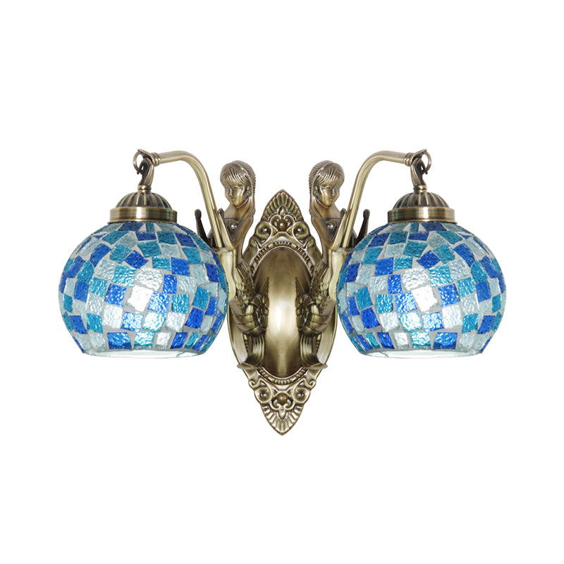 Cut Glass Global Wall Light Fixture Tiffany 1/2-Bulb Blue Wall Mount Lamp with Mermaid Design Clearhalo 'Art deco wall lights' 'Cast Iron' 'Glass' 'Industrial' 'Middle century wall lights' 'Modern' 'Tiffany wall lights' 'Tiffany' 'Traditional wall lights' 'Wall Lamps & Sconces' 'Wall Lights' Lighting' 1694906