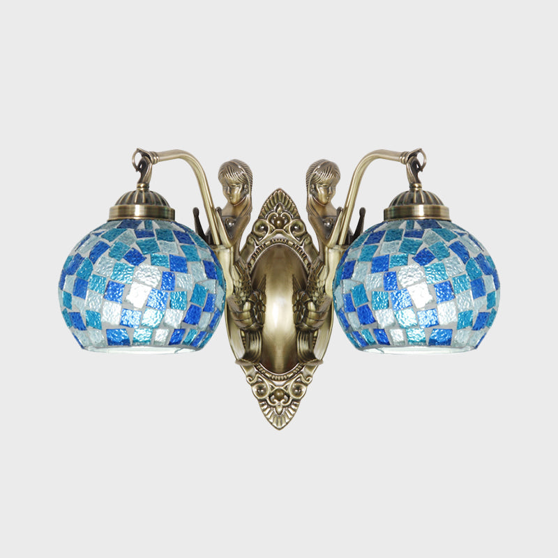 Cut Glass Global Wall Light Fixture Tiffany 1/2-Bulb Blue Wall Mount Lamp with Mermaid Design Clearhalo 'Art deco wall lights' 'Cast Iron' 'Glass' 'Industrial' 'Middle century wall lights' 'Modern' 'Tiffany wall lights' 'Tiffany' 'Traditional wall lights' 'Wall Lamps & Sconces' 'Wall Lights' Lighting' 1694907