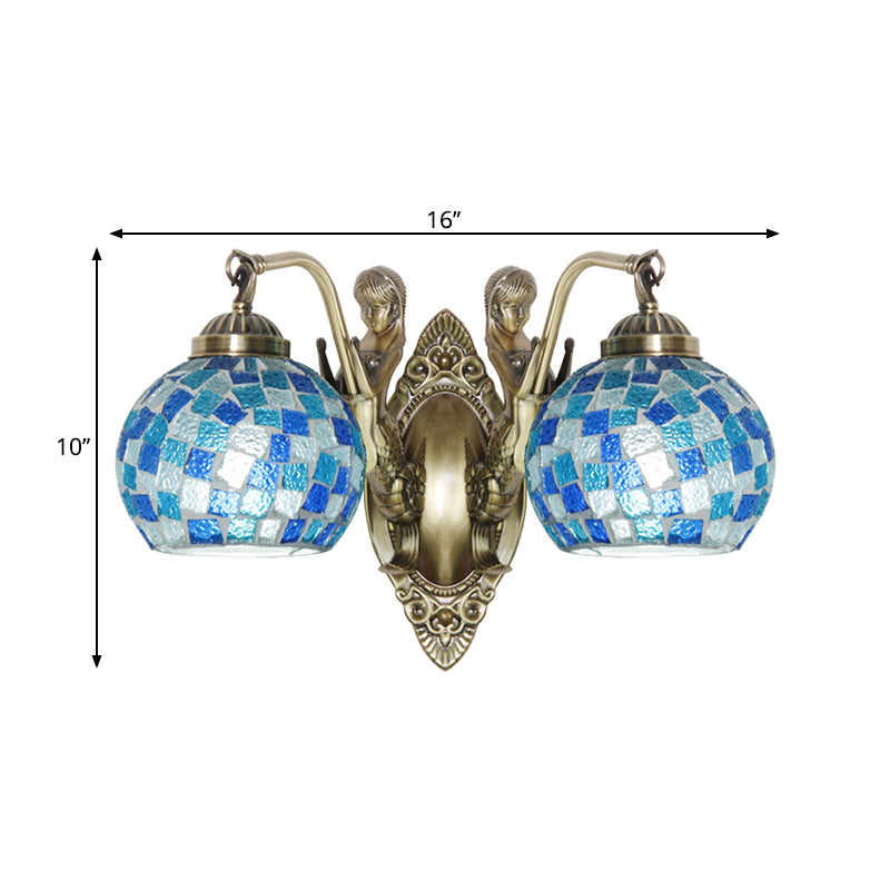 Cut Glass Global Wall Light Fixture Tiffany 1/2-Bulb Blue Wall Mount Lamp with Mermaid Design Clearhalo 'Art deco wall lights' 'Cast Iron' 'Glass' 'Industrial' 'Middle century wall lights' 'Modern' 'Tiffany wall lights' 'Tiffany' 'Traditional wall lights' 'Wall Lamps & Sconces' 'Wall Lights' Lighting' 1694908