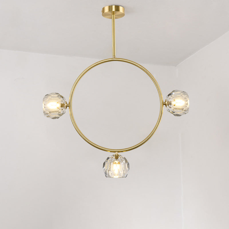 Minimal Loop Semi Flush Light Metal 3/6 Heads Corridor LED Ceiling Lighting in Gold with Ball Faceted Crystal Shade - Clearhalo - 'Ceiling Lights' - 'Close To Ceiling Lights' - 'Close to ceiling' - 'Semi-flushmount' - Lighting' - 1694910