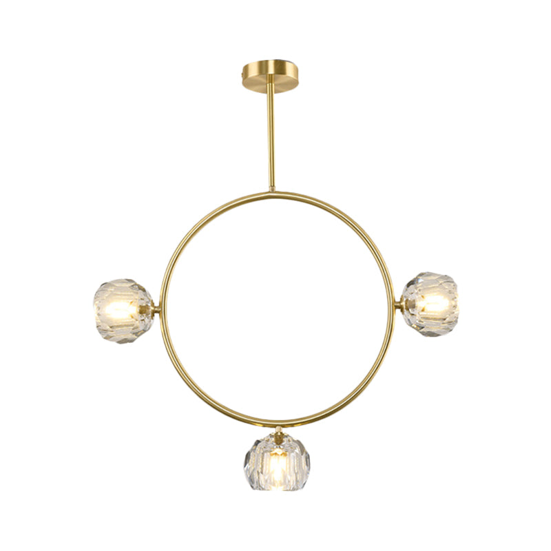 Minimal Loop Semi Flush Light Metal 3/6 Heads Corridor LED Ceiling Lighting in Gold with Ball Faceted Crystal Shade - Clearhalo - 'Ceiling Lights' - 'Close To Ceiling Lights' - 'Close to ceiling' - 'Semi-flushmount' - Lighting' - 1694911