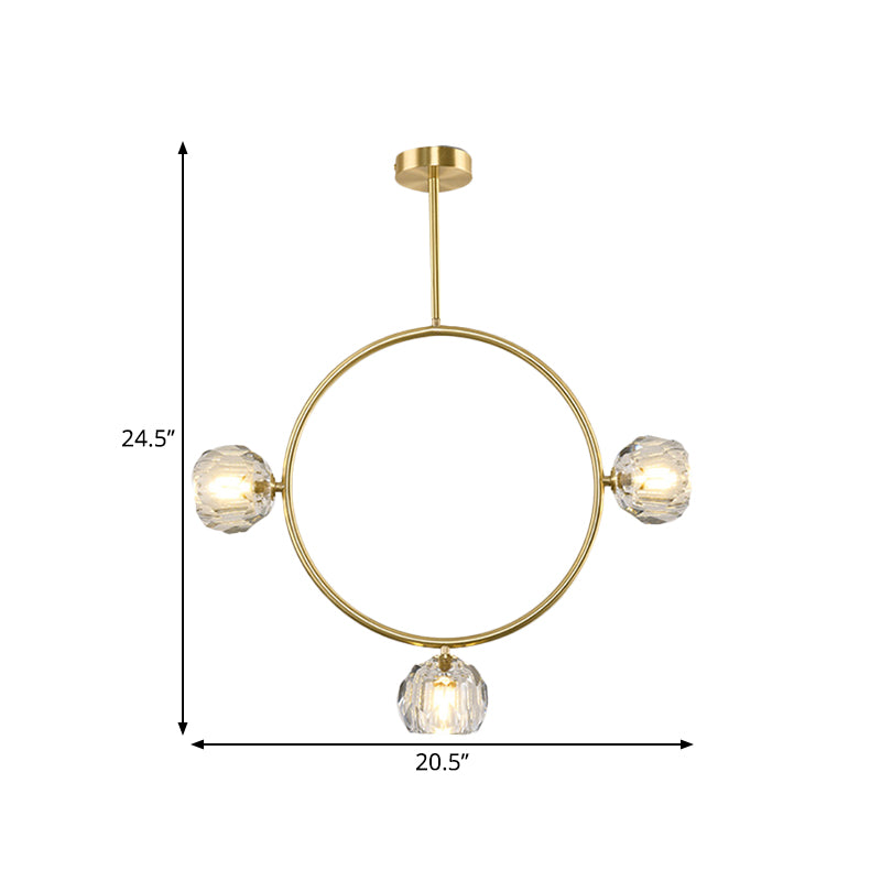 Minimal Loop Semi Flush Light Metal 3/6 Heads Corridor LED Ceiling Lighting in Gold with Ball Faceted Crystal Shade - Clearhalo - 'Ceiling Lights' - 'Close To Ceiling Lights' - 'Close to ceiling' - 'Semi-flushmount' - Lighting' - 1694912