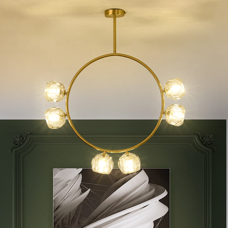 Minimal Loop Semi Flush Light Metal 3/6 Heads Corridor LED Ceiling Lighting in Gold with Ball Faceted Crystal Shade - 6 - Gold - Clearhalo - 'Ceiling Lights' - 'Close To Ceiling Lights' - 'Close to ceiling' - 'Semi-flushmount' - Lighting' - 1694913