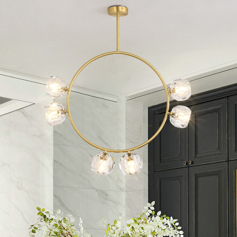Minimal Loop Semi Flush Light Metal 3/6 Heads Corridor LED Ceiling Lighting in Gold with Ball Faceted Crystal Shade - Clearhalo - 'Ceiling Lights' - 'Close To Ceiling Lights' - 'Close to ceiling' - 'Semi-flushmount' - Lighting' - 1694914