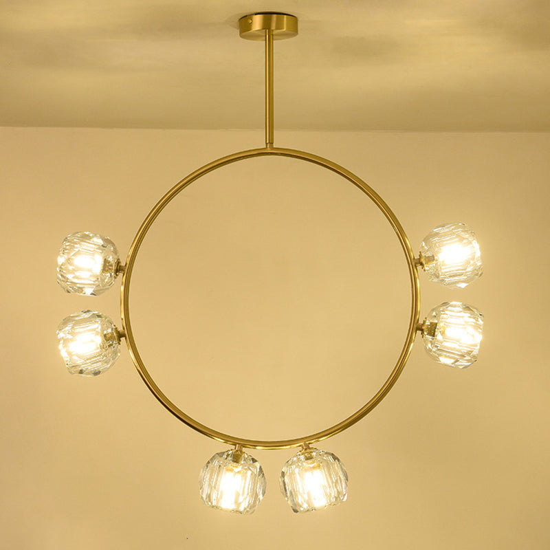 Minimal Loop Semi Flush Light Metal 3/6 Heads Corridor LED Ceiling Lighting in Gold with Ball Faceted Crystal Shade - Clearhalo - 'Ceiling Lights' - 'Close To Ceiling Lights' - 'Close to ceiling' - 'Semi-flushmount' - Lighting' - 1694915