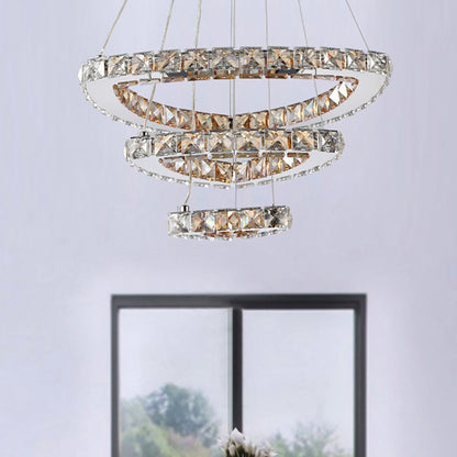3-Tier Semicircle Hanging Chandelier Modern Faceted Crystal LED Restaurant Drop Pendant in Chrome Chrome Clearhalo 'Ceiling Lights' 'Chandeliers' 'Modern Chandeliers' 'Modern' Lighting' 1694918
