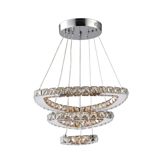 3-Tier Semicircle Hanging Chandelier Modern Faceted Crystal LED Restaurant Drop Pendant in Chrome Clearhalo 'Ceiling Lights' 'Chandeliers' 'Modern Chandeliers' 'Modern' Lighting' 1694920