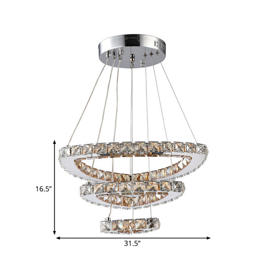 3-Tier Semicircle Hanging Chandelier Modern Faceted Crystal LED Restaurant Drop Pendant in Chrome Clearhalo 'Ceiling Lights' 'Chandeliers' 'Modern Chandeliers' 'Modern' Lighting' 1694921