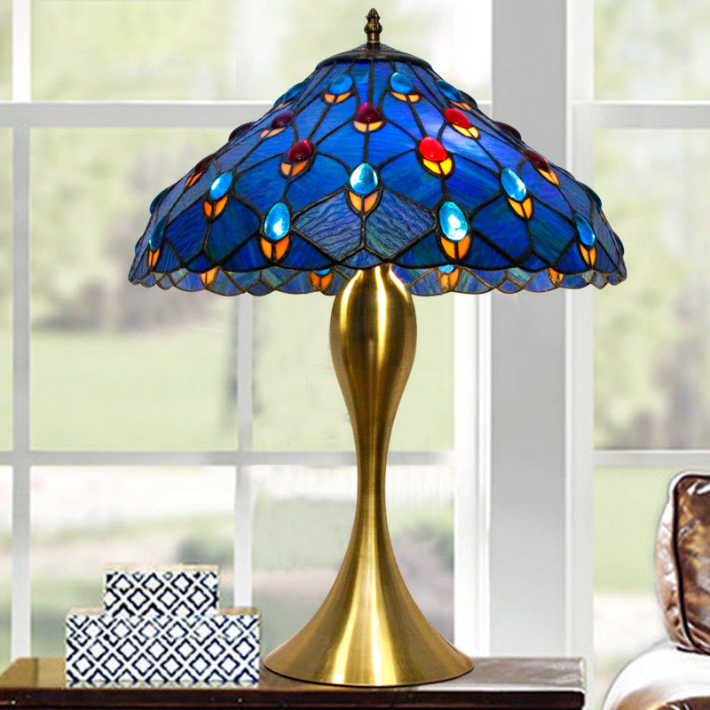 Blue Cone Nightstand Lighting Mediterranean 1 Bulb Hand Cut Glass Task Lamp with Jewel Deco Clearhalo 'Lamps' 'Table Lamps' Lighting' 1694931