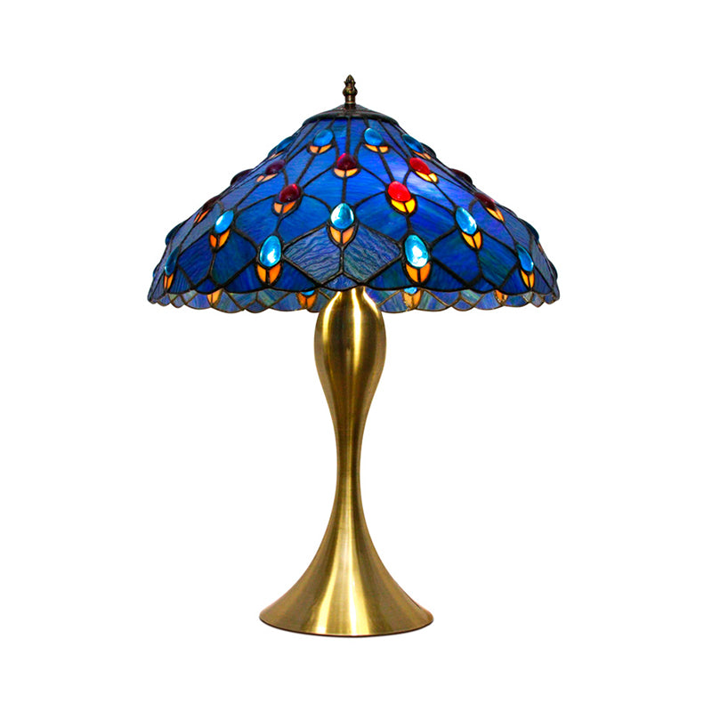 Blue Cone Nightstand Lighting Mediterranean 1 Bulb Hand Cut Glass Task Lamp with Jewel Deco Clearhalo 'Lamps' 'Table Lamps' Lighting' 1694932