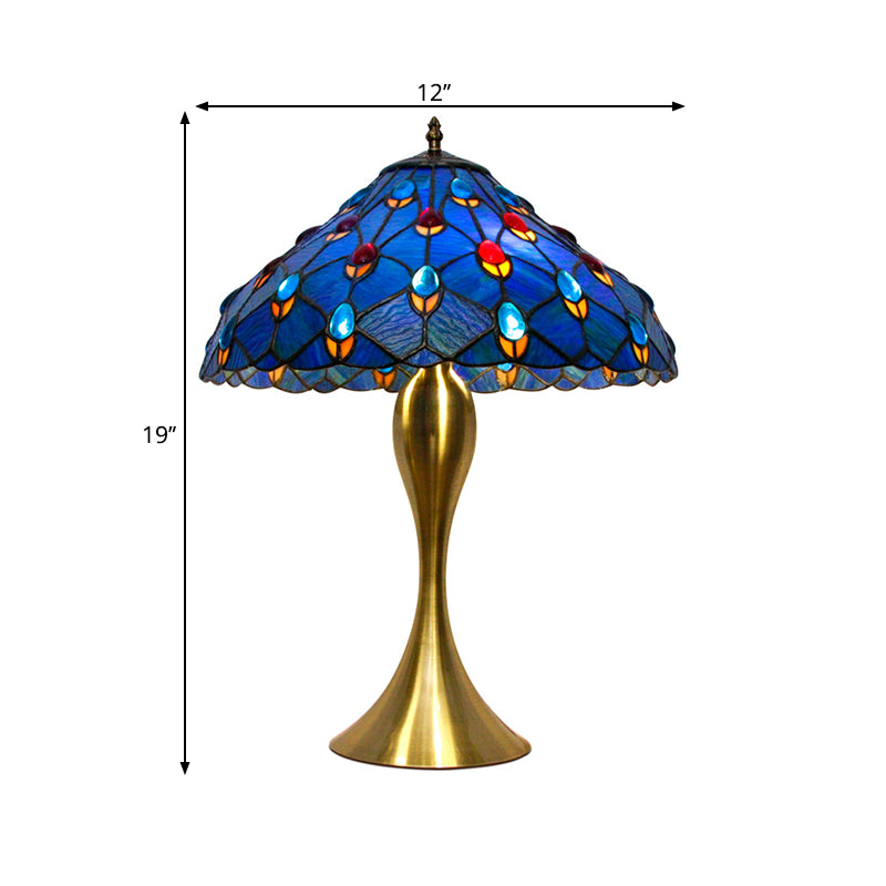 Blue Cone Nightstand Lighting Mediterranean 1 Bulb Hand Cut Glass Task Lamp with Jewel Deco Clearhalo 'Lamps' 'Table Lamps' Lighting' 1694933