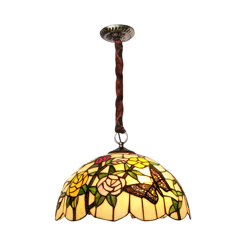 3-Head Suspended Lamp Classic Scalloped Hand Cut Glass Chandelier with Floral and Butterfly Pattern in Bronze Clearhalo 'Ceiling Lights' 'Chandeliers' 'Industrial' 'Middle Century Chandeliers' 'Tiffany Chandeliers' 'Tiffany close to ceiling' 'Tiffany' Lighting' 1694936