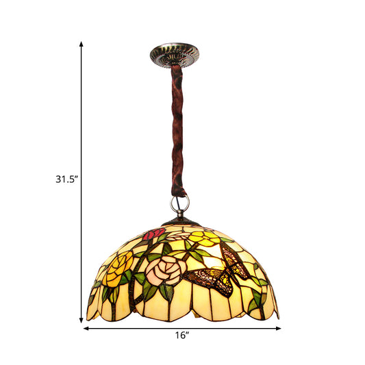 3-Head Suspended Lamp Classic Scalloped Hand Cut Glass Chandelier with Floral and Butterfly Pattern in Bronze Clearhalo 'Ceiling Lights' 'Chandeliers' 'Industrial' 'Middle Century Chandeliers' 'Tiffany Chandeliers' 'Tiffany close to ceiling' 'Tiffany' Lighting' 1694937