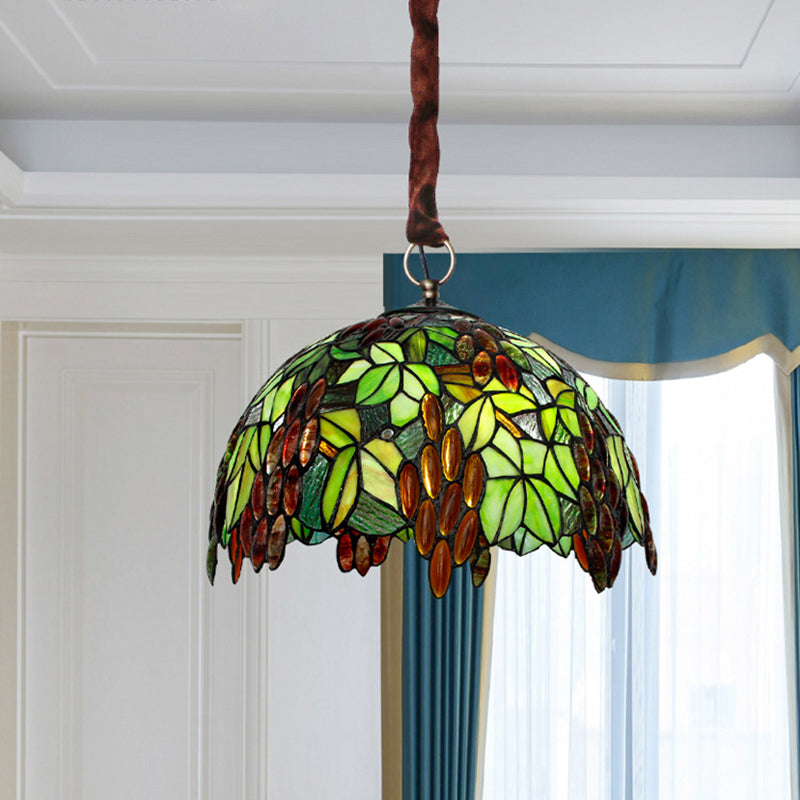 Green 3 Lights Pendant Chandelier Tiffany-Style Stained Glass Grape Suspension Lighting Green Clearhalo 'Ceiling Lights' 'Chandeliers' 'Industrial' 'Middle Century Chandeliers' 'Tiffany Chandeliers' 'Tiffany close to ceiling' 'Tiffany' Lighting' 1694968