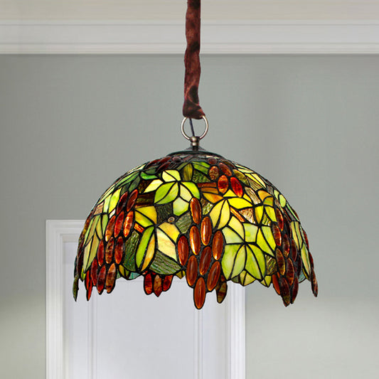 Green 3 Lights Pendant Chandelier Tiffany-Style Stained Glass Grape Suspension Lighting Clearhalo 'Ceiling Lights' 'Chandeliers' 'Industrial' 'Middle Century Chandeliers' 'Tiffany Chandeliers' 'Tiffany close to ceiling' 'Tiffany' Lighting' 1694969