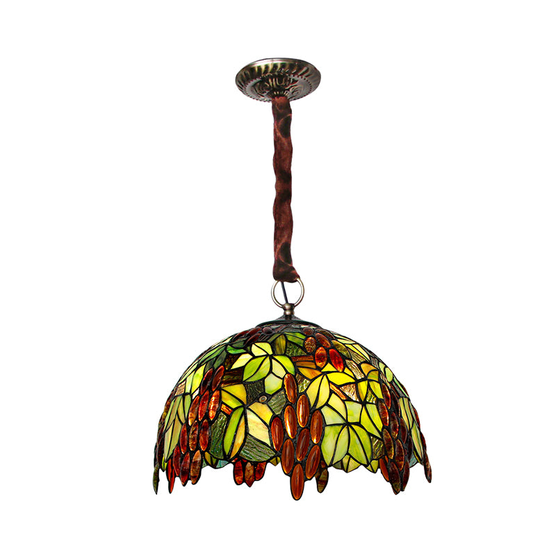 Green 3 Lights Pendant Chandelier Tiffany-Style Stained Glass Grape Suspension Lighting Clearhalo 'Ceiling Lights' 'Chandeliers' 'Industrial' 'Middle Century Chandeliers' 'Tiffany Chandeliers' 'Tiffany close to ceiling' 'Tiffany' Lighting' 1694970