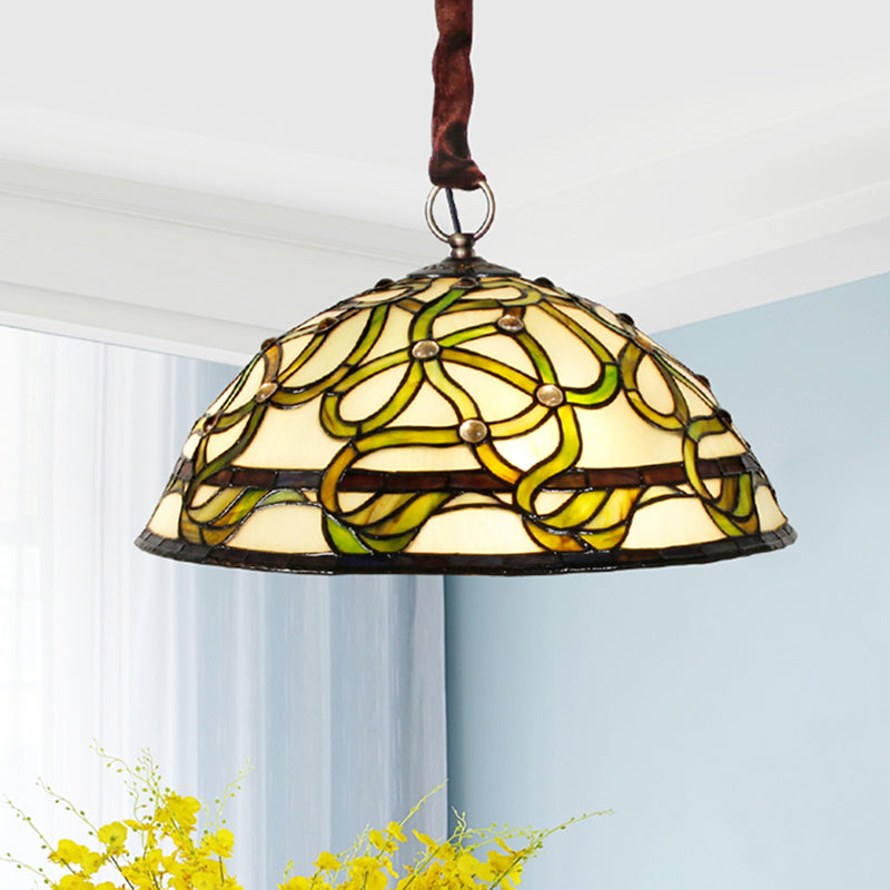 3 Lights Bowl Chandelier Lamp Antique Green Stained Glass Ceiling Hang Fixture with Vine Plant Pattern Clearhalo 'Ceiling Lights' 'Chandeliers' 'Close To Ceiling Lights' 'Industrial' 'Middle Century Chandeliers' 'Tiffany Chandeliers' 'Tiffany close to ceiling' 'Tiffany' Lighting' 1694973