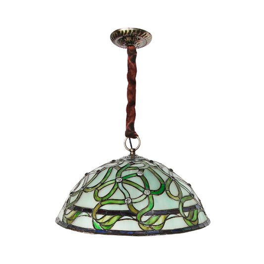 3 Lights Bowl Chandelier Lamp Antique Green Stained Glass Ceiling Hang Fixture with Vine Plant Pattern Clearhalo 'Ceiling Lights' 'Chandeliers' 'Close To Ceiling Lights' 'Industrial' 'Middle Century Chandeliers' 'Tiffany Chandeliers' 'Tiffany close to ceiling' 'Tiffany' Lighting' 1694974