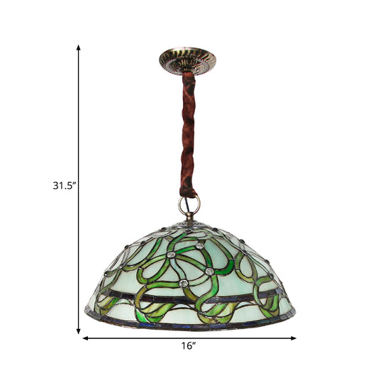 3 Lights Bowl Chandelier Lamp Antique Green Stained Glass Ceiling Hang Fixture with Vine Plant Pattern Clearhalo 'Ceiling Lights' 'Chandeliers' 'Close To Ceiling Lights' 'Industrial' 'Middle Century Chandeliers' 'Tiffany Chandeliers' 'Tiffany close to ceiling' 'Tiffany' Lighting' 1694975