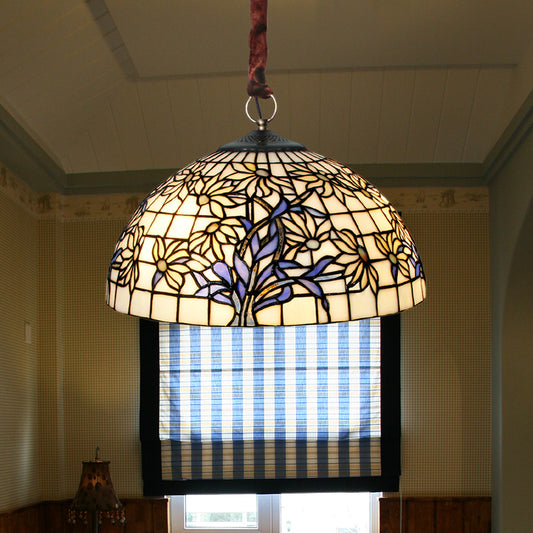 3-Bulb Pendant Chandelier Mediterranean Bowl Tiffany Glass Ceiling Light with Sunflower Pattern in Blue-White Clearhalo 'Ceiling Lights' 'Chandeliers' 'Industrial' 'Middle Century Chandeliers' 'Tiffany Chandeliers' 'Tiffany close to ceiling' 'Tiffany' Lighting' 1694981