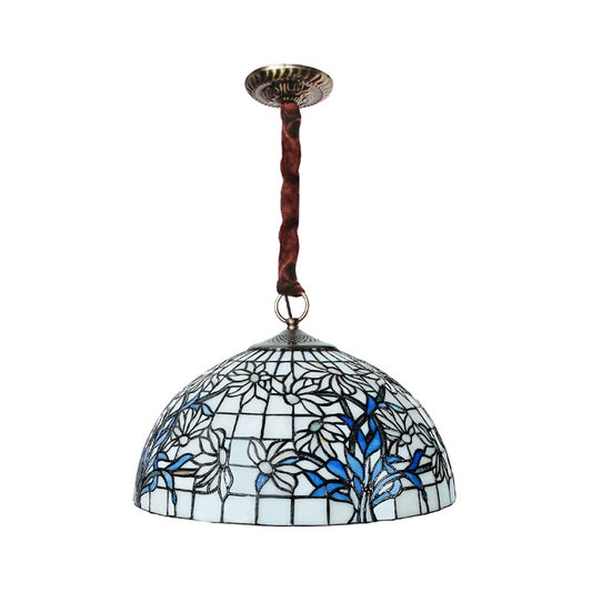 3-Bulb Pendant Chandelier Mediterranean Bowl Tiffany Glass Ceiling Light with Sunflower Pattern in Blue-White Clearhalo 'Ceiling Lights' 'Chandeliers' 'Industrial' 'Middle Century Chandeliers' 'Tiffany Chandeliers' 'Tiffany close to ceiling' 'Tiffany' Lighting' 1694982