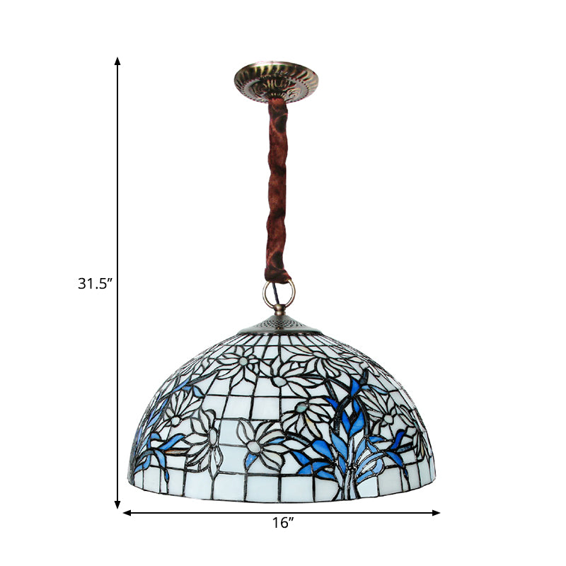 3-Bulb Pendant Chandelier Mediterranean Bowl Tiffany Glass Ceiling Light with Sunflower Pattern in Blue-White Clearhalo 'Ceiling Lights' 'Chandeliers' 'Industrial' 'Middle Century Chandeliers' 'Tiffany Chandeliers' 'Tiffany close to ceiling' 'Tiffany' Lighting' 1694983