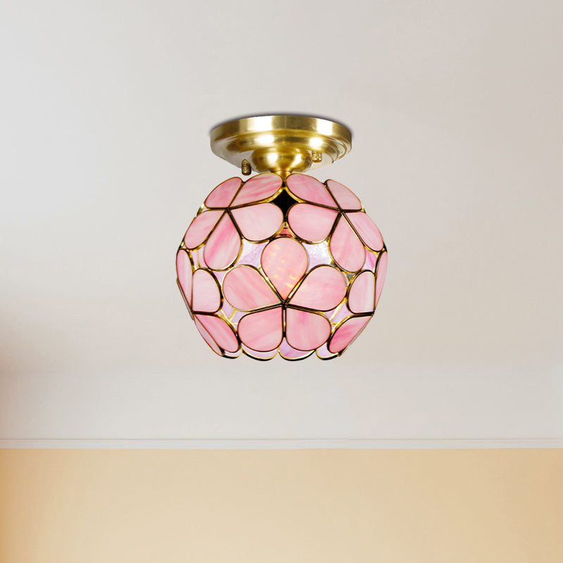 Single Light Flower Ceiling Fixture Victorian White/Pink/Orange Stained Glass Semi Mount Lighting Pink Clearhalo 'Ceiling Lights' 'Chandeliers' 'Close To Ceiling Lights' 'Close to ceiling' 'Semi-flushmount' 'Tiffany close to ceiling' 'Tiffany' Lighting' 1694984
