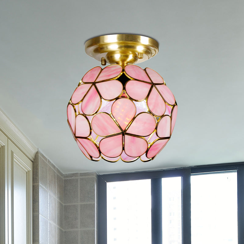 Single Light Flower Ceiling Fixture Victorian White/Pink/Orange Stained Glass Semi Mount Lighting Clearhalo 'Ceiling Lights' 'Chandeliers' 'Close To Ceiling Lights' 'Close to ceiling' 'Semi-flushmount' 'Tiffany close to ceiling' 'Tiffany' Lighting' 1694985