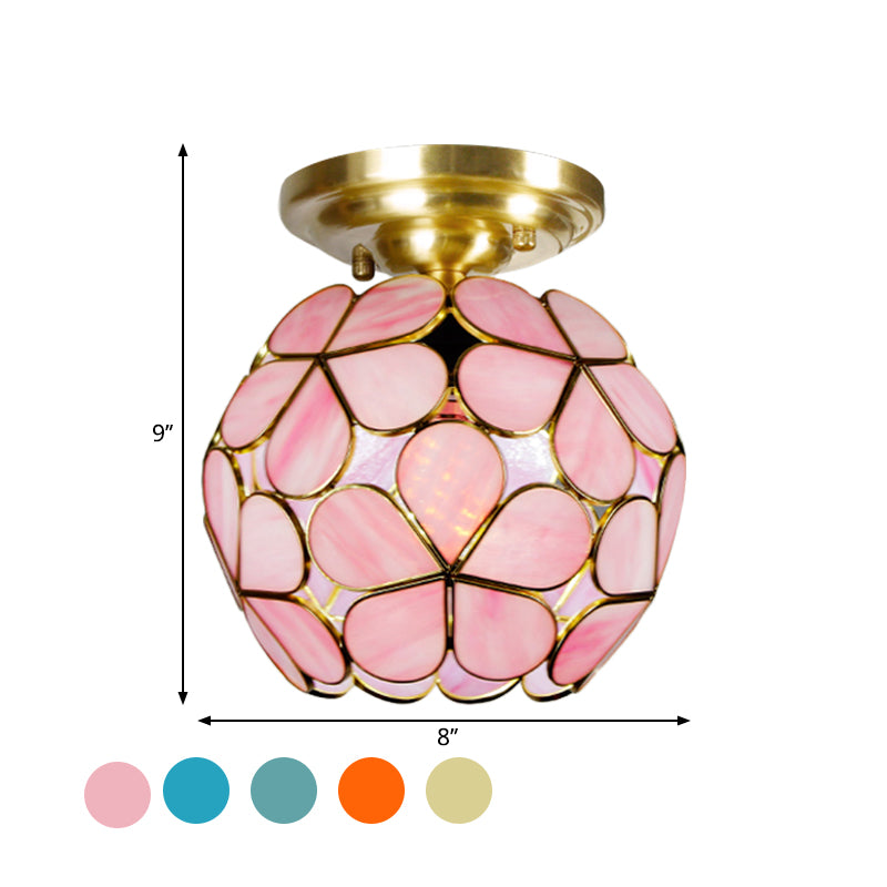 Single Light Flower Ceiling Fixture Victorian White/Pink/Orange Stained Glass Semi Mount Lighting Clearhalo 'Ceiling Lights' 'Chandeliers' 'Close To Ceiling Lights' 'Close to ceiling' 'Semi-flushmount' 'Tiffany close to ceiling' 'Tiffany' Lighting' 1694987