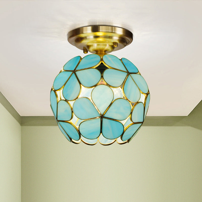 Single Light Flower Ceiling Fixture Victorian White/Pink/Orange Stained Glass Semi Mount Lighting Blue Clearhalo 'Ceiling Lights' 'Chandeliers' 'Close To Ceiling Lights' 'Close to ceiling' 'Semi-flushmount' 'Tiffany close to ceiling' 'Tiffany' Lighting' 1694988