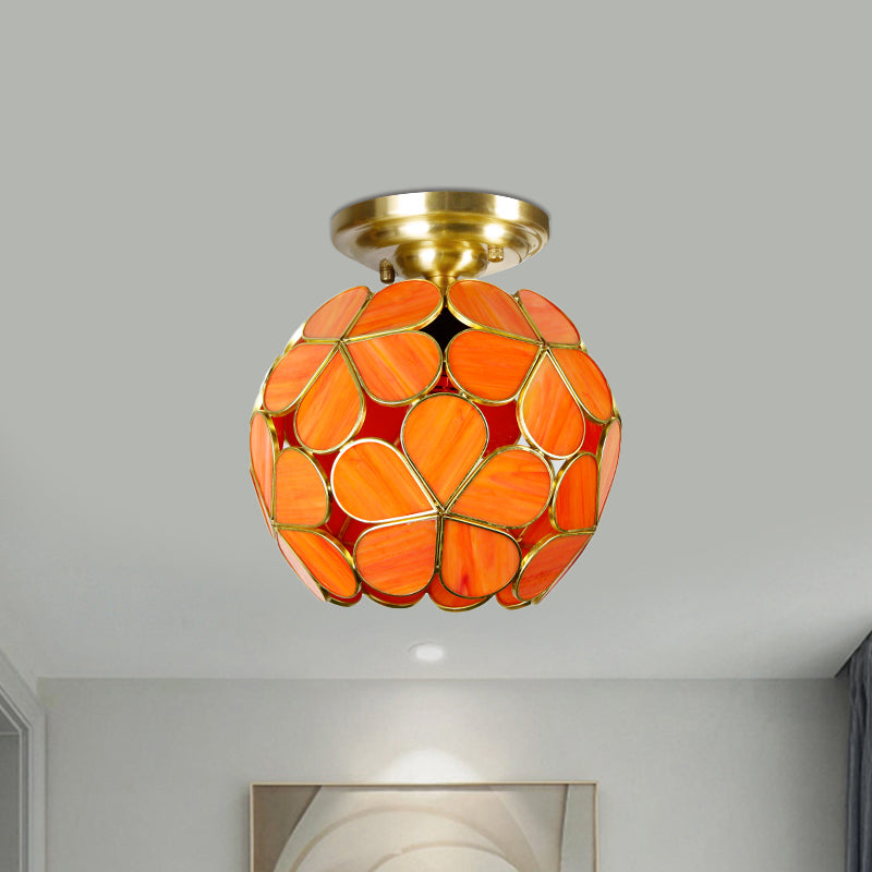 Single Light Flower Ceiling Fixture Victorian White/Pink/Orange Stained Glass Semi Mount Lighting Orange Clearhalo 'Ceiling Lights' 'Chandeliers' 'Close To Ceiling Lights' 'Close to ceiling' 'Semi-flushmount' 'Tiffany close to ceiling' 'Tiffany' Lighting' 1694996