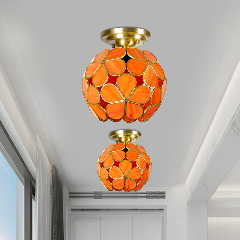 Single Light Flower Ceiling Fixture Victorian White/Pink/Orange Stained Glass Semi Mount Lighting Clearhalo 'Ceiling Lights' 'Chandeliers' 'Close To Ceiling Lights' 'Close to ceiling' 'Semi-flushmount' 'Tiffany close to ceiling' 'Tiffany' Lighting' 1694997