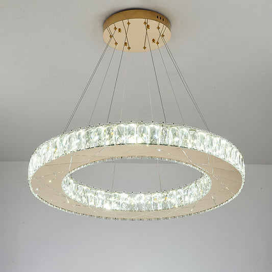 Circular Hanging Light Fixture Modernist Clear Crystal Block Stainless-Steel LED Chandelier Lamp for Bedroom Clearhalo 'Ceiling Lights' 'Chandeliers' 'Modern Chandeliers' 'Modern' Lighting' 1695042