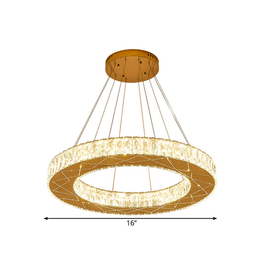 Circular Hanging Light Fixture Modernist Clear Crystal Block Stainless-Steel LED Chandelier Lamp for Bedroom Clearhalo 'Ceiling Lights' 'Chandeliers' 'Modern Chandeliers' 'Modern' Lighting' 1695044