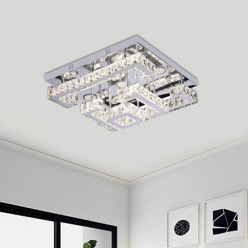 LED Guest Room Semi Flush Minimalist Chrome Ceiling Lamp with Tiered Square Crystal Shade - Chrome - Remote Control Stepless Dimming - Clearhalo - 'Ceiling Lights' - 'Close To Ceiling Lights' - 'Close to ceiling' - 'Semi-flushmount' - Lighting' - 1695082