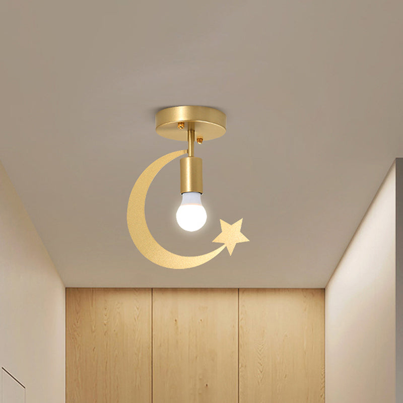 Grey/Gold Crescent and Star Semi Flush Mount Lighting Kids 1 Light Iron Flush Ceiling Light for Corridor Gold Clearhalo 'Ceiling Lights' 'Close To Ceiling Lights' 'Close to ceiling' 'Semi-flushmount' Lighting' 1695106