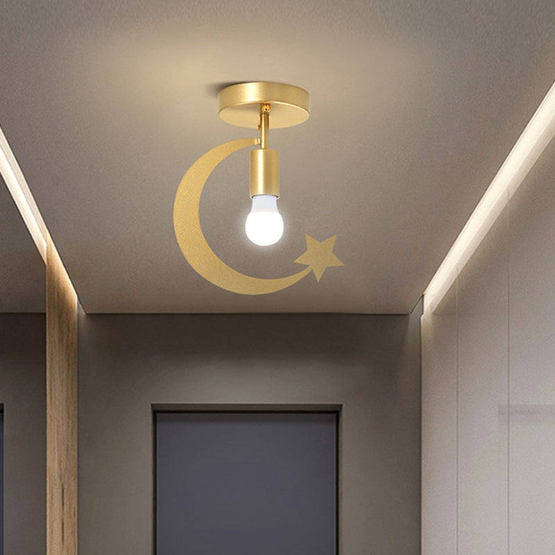 Grey/Gold Crescent and Star Semi Flush Mount Lighting Kids 1 Light Iron Flush Ceiling Light for Corridor Clearhalo 'Ceiling Lights' 'Close To Ceiling Lights' 'Close to ceiling' 'Semi-flushmount' Lighting' 1695107