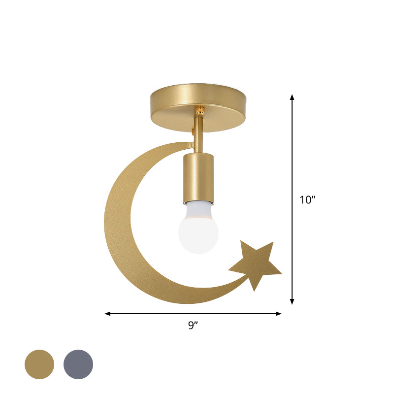 Grey/Gold Crescent and Star Semi Flush Mount Lighting Kids 1 Light Iron Flush Ceiling Light for Corridor Clearhalo 'Ceiling Lights' 'Close To Ceiling Lights' 'Close to ceiling' 'Semi-flushmount' Lighting' 1695109