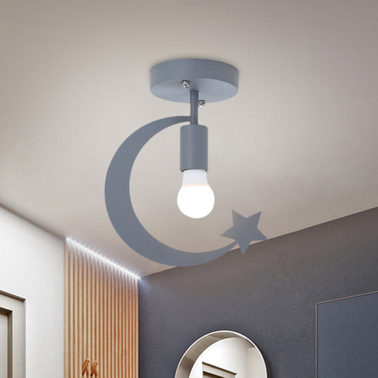 Grey/Gold Crescent and Star Semi Flush Mount Lighting Kids 1 Light Iron Flush Ceiling Light for Corridor Grey Clearhalo 'Ceiling Lights' 'Close To Ceiling Lights' 'Close to ceiling' 'Semi-flushmount' Lighting' 1695110