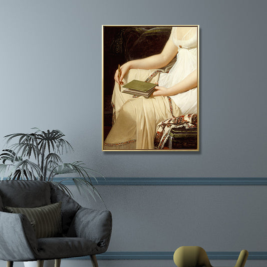 Woman with A Notebook Painting Vintage Textured Bedroom Wall Art in Yellow Clearhalo 'Arts' 'Canvas Art' 1695135