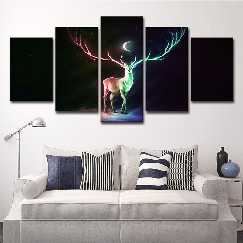 Cartoon Elk and Crescent Canvas Print Green Child Bedroom Wall Art Decor, Multi-Piece Clearhalo 'Art Gallery' 'Canvas Art' 'Kids' Arts' 1695171