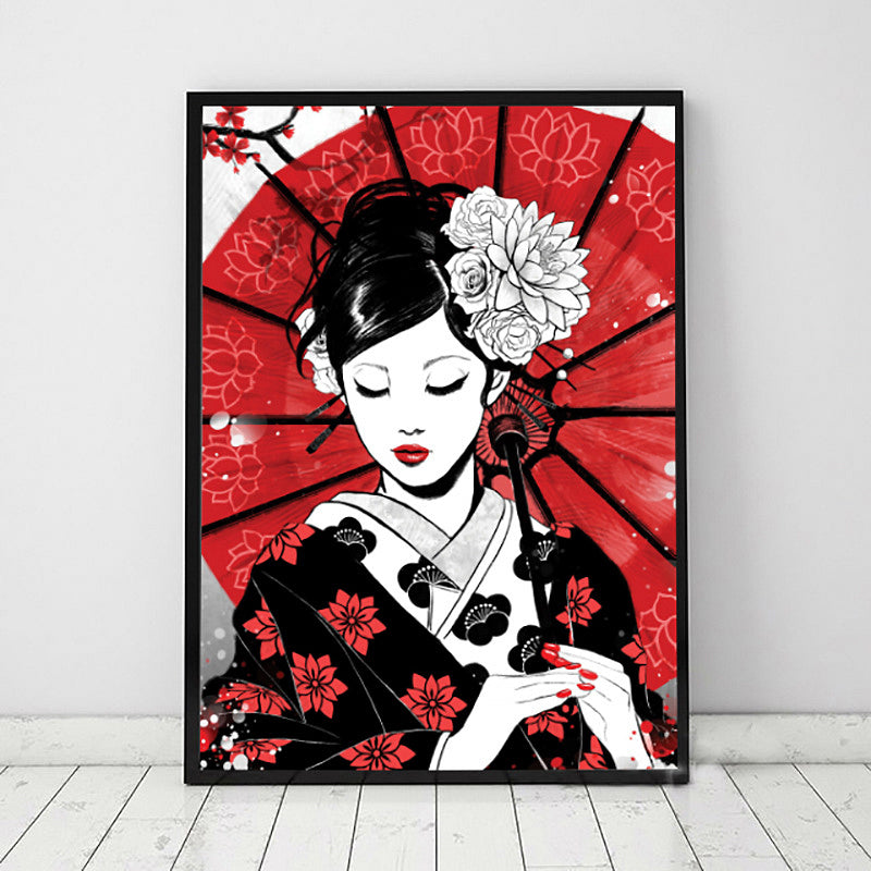 Geisha japonaise avec parapluie toile rouge à la maison rouge décor pour le salon, options de taille multiple