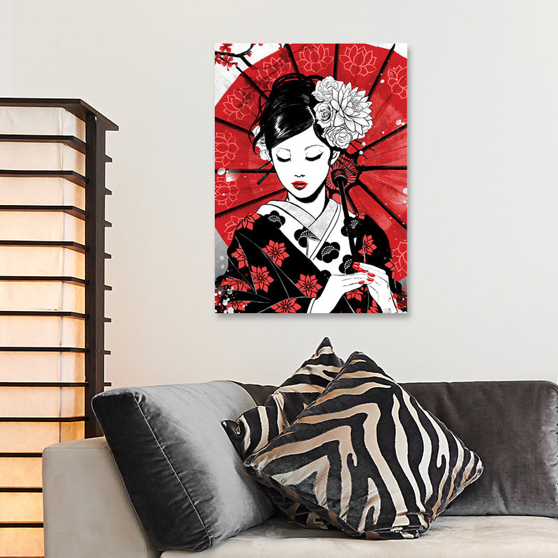 Japanese Geisha with Umbrella Canvas Red Home Wall Art Decor for Living Room, Multiple Size Options Clearhalo 'Arts' 'Canvas Art' 1695224
