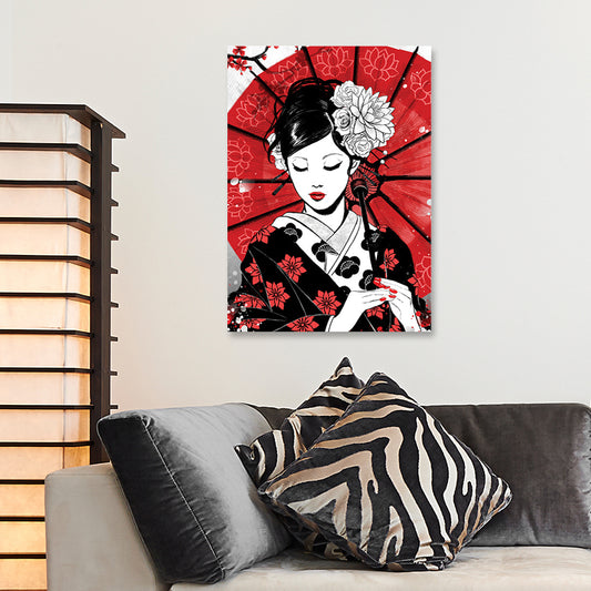 Geisha japonesa con lienzo paraguas decoración de arte de pared para el hogar rojo para sala de estar, opciones de tamaño múltiple