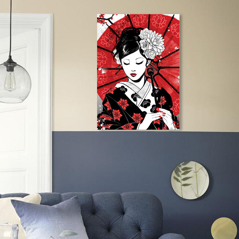 Japanese Geisha with Umbrella Canvas Red Home Wall Art Decor for Living Room, Multiple Size Options Clearhalo 'Arts' 'Canvas Art' 1695225